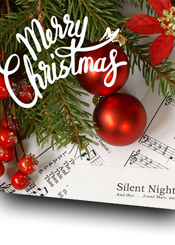 Merry Christmas geeting with red bulbs and Christmas music.