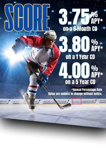 Professional hockey player scoring with great CD rates from Utah Heritage Credit Union.
