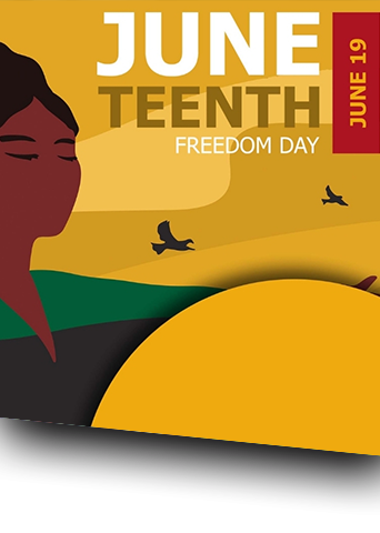 Juneteenth image of beautiful black woman, yellow sky and flying birds.