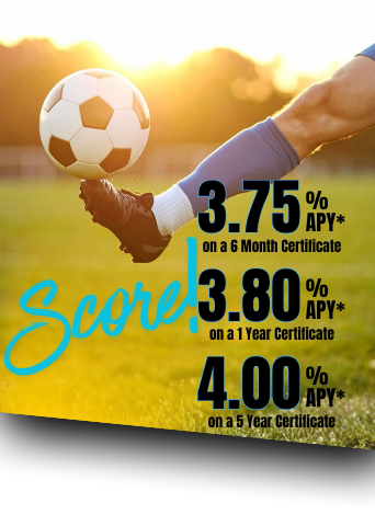 leg and foot of soccer player kicking the ball to emphasize the great CD rates at Utah Heritage Credit Union.